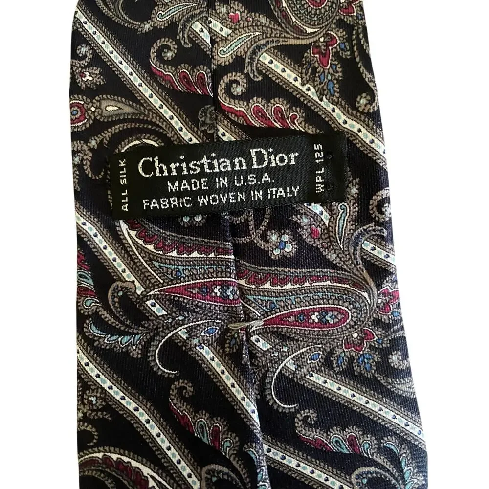 Christian Dior Paisley Silk Neck Tie USA Italy Fabric‎ Burgundy Blue
